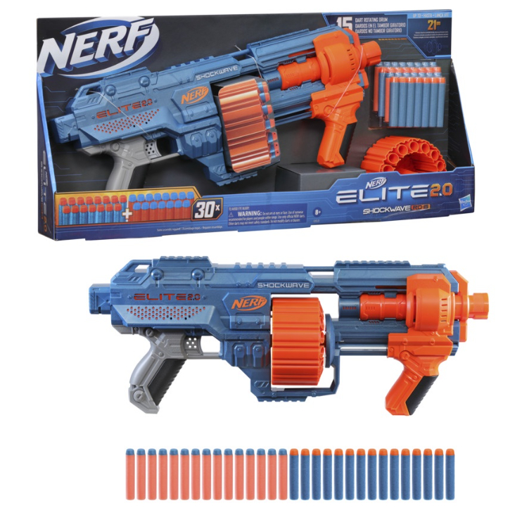 Nerf Elite 2.0 Shockwave RD-15 Blaster, 30 Nerf Darts, 15-Dart Rotating ...
