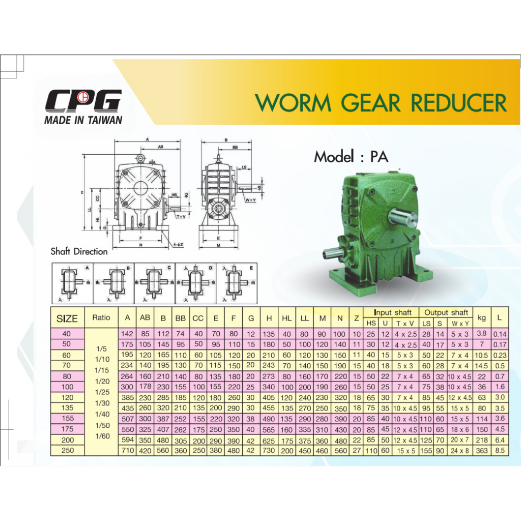 เกียร์ทดรอบ-pa-แบบหลังเต่า-อัตราทด-1-5-1-60-size-9-40-ใช้กับมอเตอร์-ขนาด-0-18kw-1-4hp-cpg-จากประเทศไต้หวัน