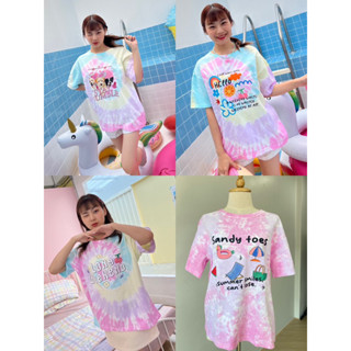 🌈พร้อมส่ง🌈 Oversize t-shirt เสื้อยืดoversize ผ้ามัดย้อมสีพาสเทล ลายน่ารักมากก สีไม่ตก100%