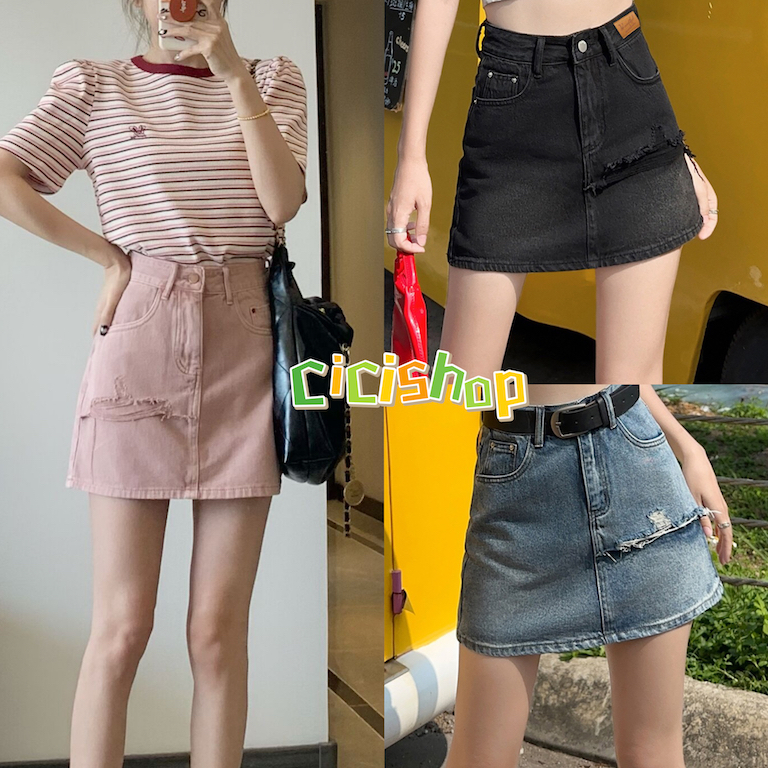 cicishop-972-กระโปรงยีนส์สั้น-เอวสูง-เเต่งขาดทรงวินเทจ-ใส่แล้วดูเก๋