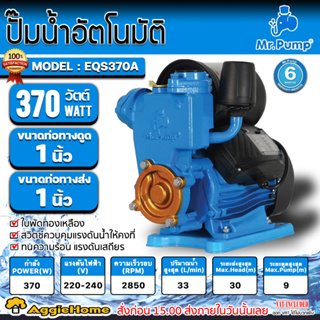 MR.PUMP ปั๊มน้ำอัตโนมัติ รุ่น EQS370A 220V. ปั๊มน้ำ 370 วัตต์ ท่ออก 1X1 นิ้ว ใบพัดทองเหลือง ปั๊มน้ำ ปั๊มบ้าน