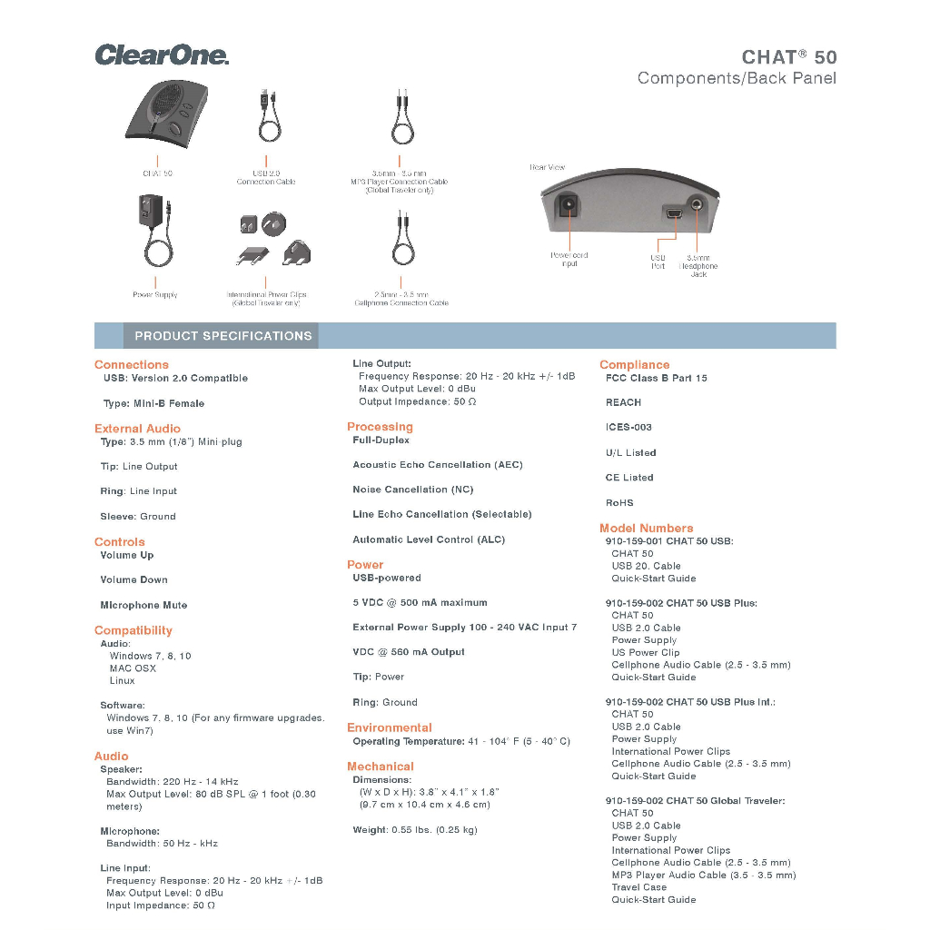 ClearOne CHAT 50 USB PLUS INTL PERSONAL Speakerphone (910-159-002-01 ...