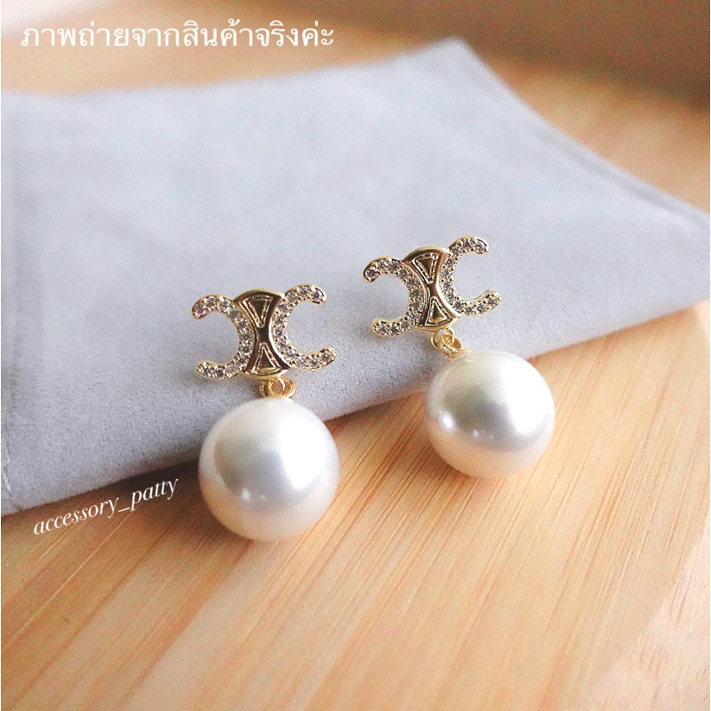 ต่างหูc-pearl-ซี-ลีนฝังเพชรห้อยมุกไซต์กำลังสวยพอดีค่ะ-ก้านเงินแท้-ตัวเรือนสีทออ่อนหวานๆค่ะ