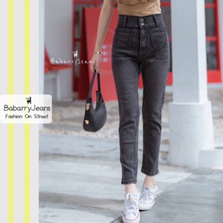 BabarryJeans กางเกงยีนส์ทรงบอย มีบิ๊กไซส์ S-5XL ผ้ายืด เอวสูง กระดุมคู่ เก็บทรงสวย สีดำฟอก