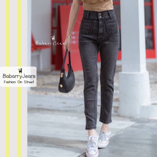 BabarryJeans กางเกงยีนส์ทรงบอย มีบิ๊กไซส์ S-5XL ผ้ายืด เอวสูง กระดุมคู่ เก็บทรงสวย สีดำฟอก