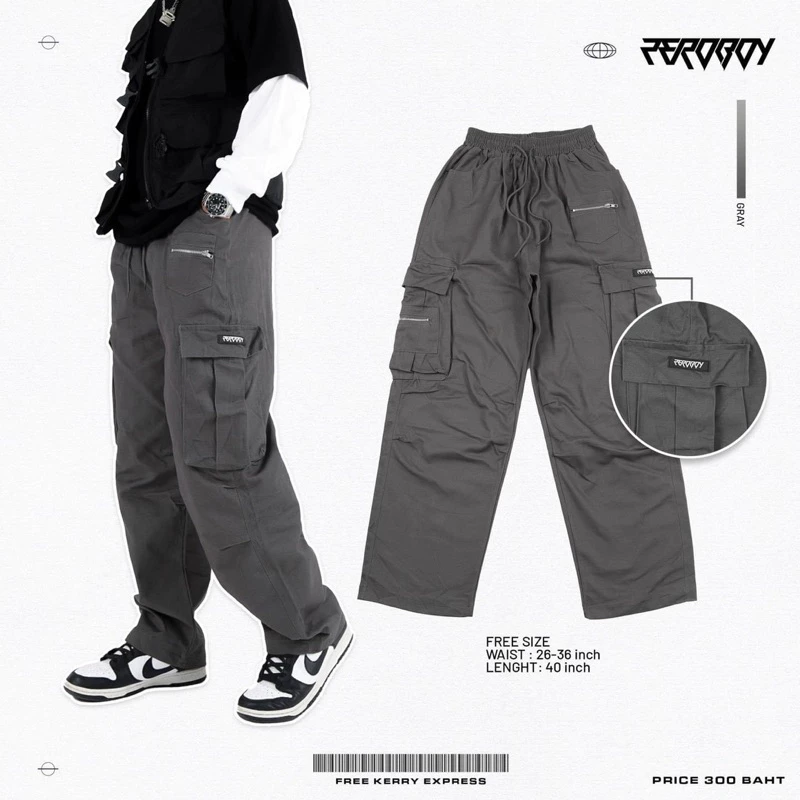 ZEROBOY - CARGO PANTS กางเกงคาร์โก้กระบอกใหญ่ 4 สี สีครีม สีดำ สีเทา สีเขียวขี้ม้า https://wayoza.com