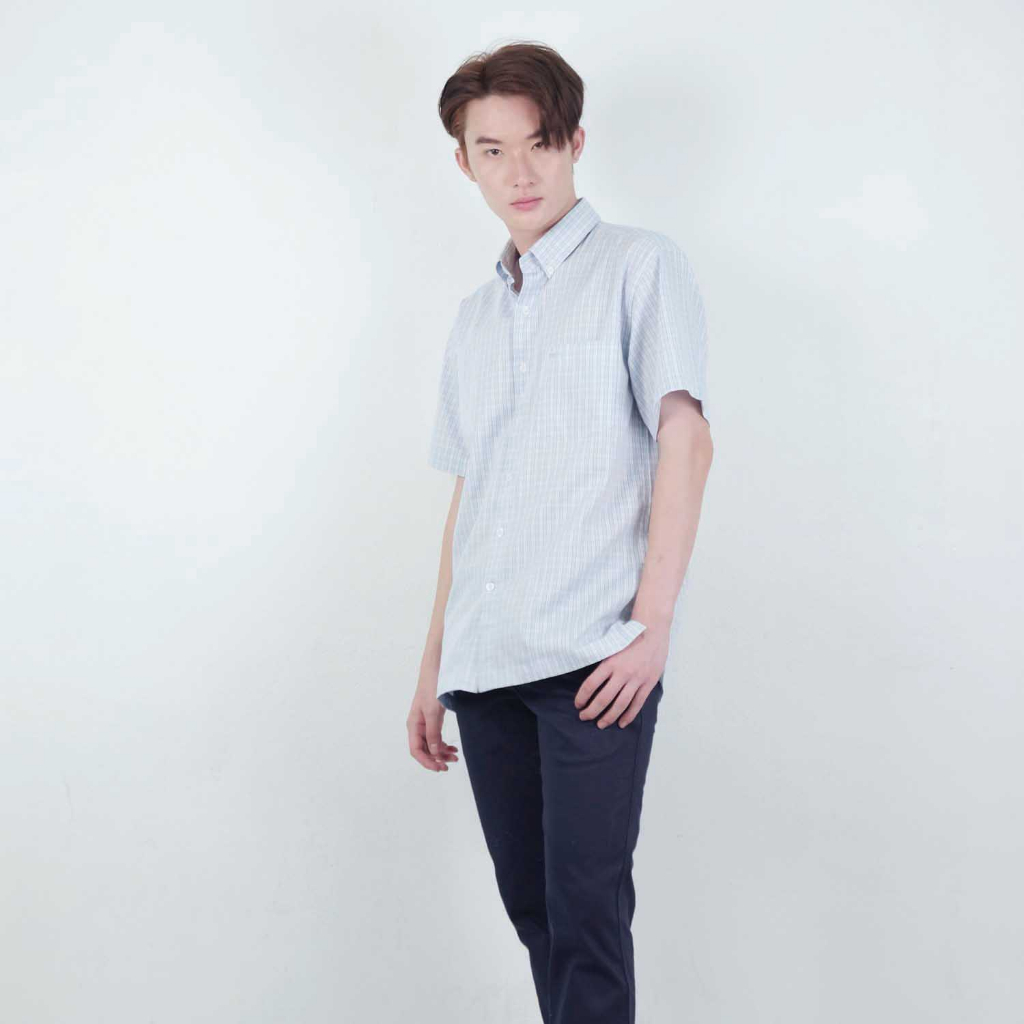 bowling-เสื้อเชิ้ต-แขนสั้น-สีฟ้าสก็อตลายเล็ก-ผ้าคอตตอน-100-รุ่น-14566-c01-สวมใส่สบาย