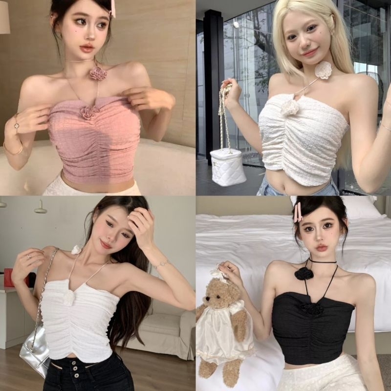ey-shop688-พร้อมส่ง-900-เสื้อเกาะอกผ้าไหมพรมแต่งดอกไม้-เสื้อคล้องคอจับจีบย่นผ้ายืดได้