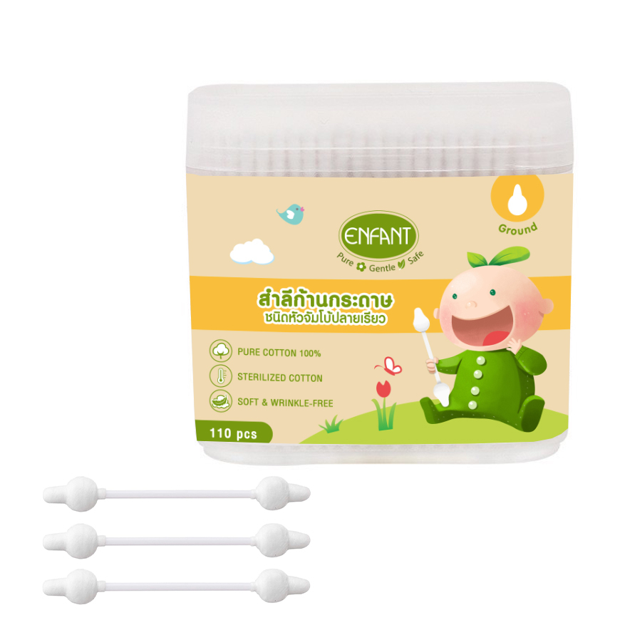 enfant-อองฟองต์-cotton-buds-สำลีก้านกระดาษ-ชนิดหัวจัมโบ้ปลายเรียว-บรรจุ-110-ก้าน