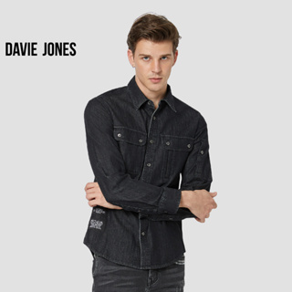 DAVIE JONES เสื้อเชิ้ตยีนส์ ผู้ชาย แขนยาว สีดำ Long Sleeve Shirt in black SH0111BK