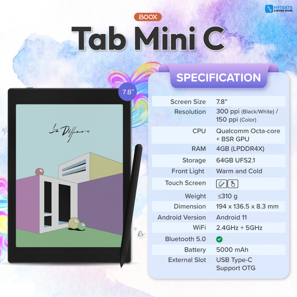 Boox Tab Mini C 7.8 นิ้ว จอสี E-Reader Kaleido3 CPU 2.0Ghz 8-core RAM4GB Andriod 11 รองรับ PlayStore