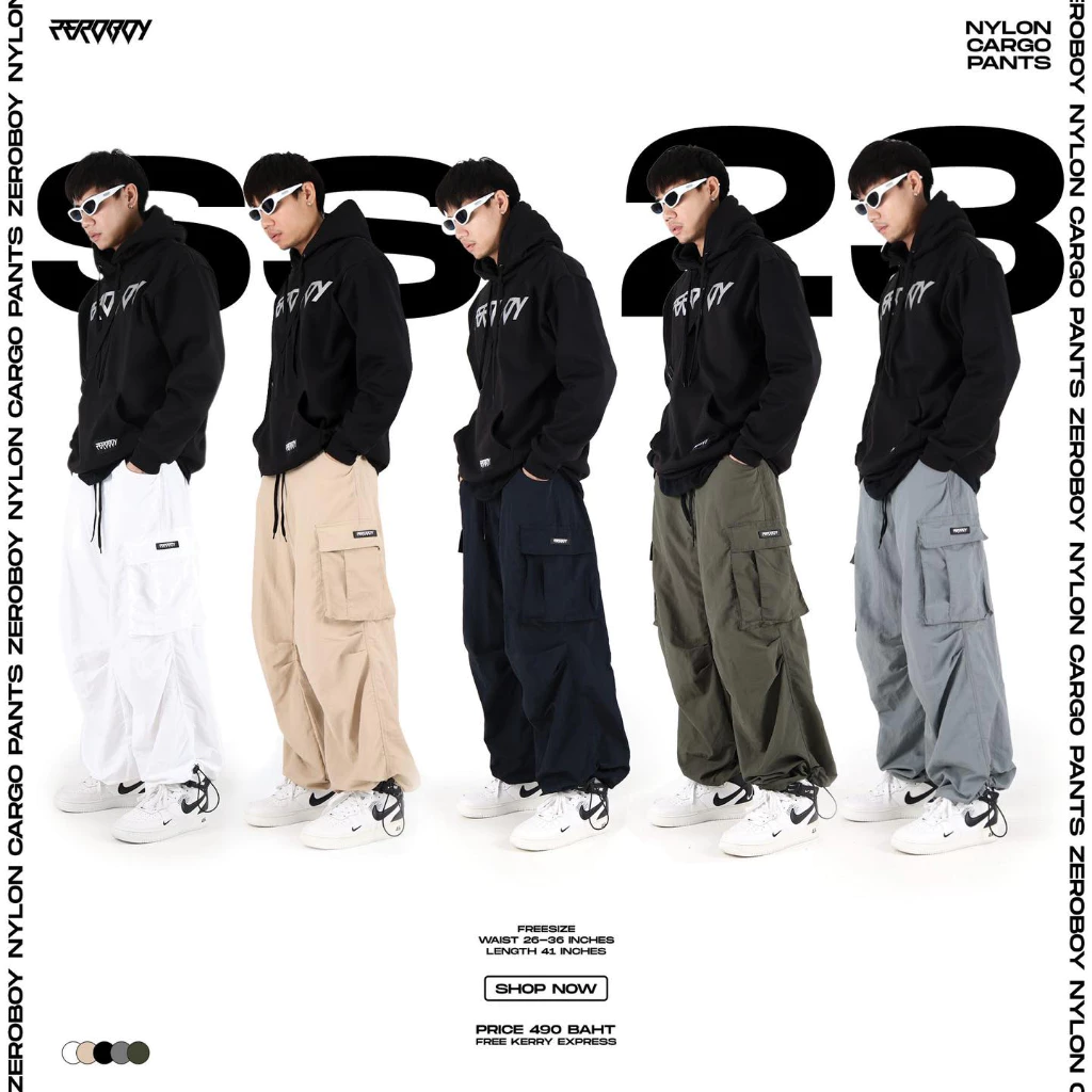 ZEROBOY - NYLON CARGO PANTS กางเกงทรงคาร์โก้ผ้าไนล่อน สีดำ สีขาว สีเทา สีเขียวขี้ม้า สีครีม
