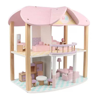 ของเล่นบ้านตุ๊กตาไม้ DIY พร้อมเฟอร์นิเจอร์ บ้านตุ๊กตาไม้สีชมพู ช่วยเสริมพัฒนาการของเด็ก 📌มีพร้อมส่ง