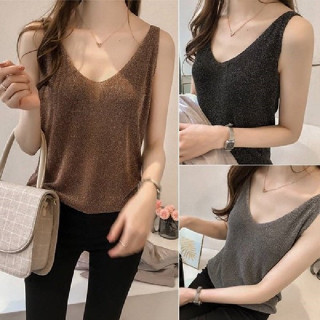 🌟พร้อมส่ง🌟แฟชั่นผู้หญิง เสื้อผ้าแขนกุดคอวีไหมพรม ใส่สวยเซ็กซี่💖