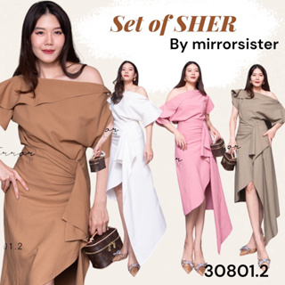 🔖ป้าย Mirrorsister 30801.2 เซ็ทเสื้อคู่กระโปรง ช่วงบนเป็นเสื้อไหล่ตก ช่วงล่างเป็นกระโปรงแต่งdrapชายไม่เท่ากัน