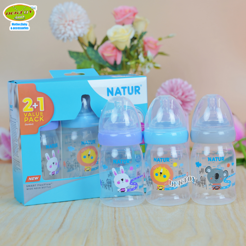 natur-เนเจอร์-ขวดนมคอกว้างสมาร์ท-จุกนิ่มหลายรู-pp-5oz-ดูดสบาย-เเพ็ก-2-ฟรี-1-smart-flexiflow-84217