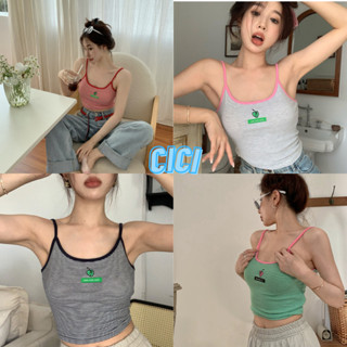 Cici(NO.L4228)เสื้อสายเดี่ยวลายริ้ว อกปักผลไม้ แต่งสีตัดขอบจับแมทซ์ง่าย