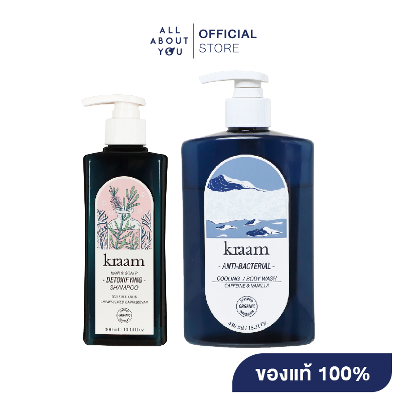 kraam-hair-amp-scalp-detoxifying-shampoo-tea-tree-oil-amp-encapsulated-carragenan-cooling-body-wash-caffeine-amp-vanilla