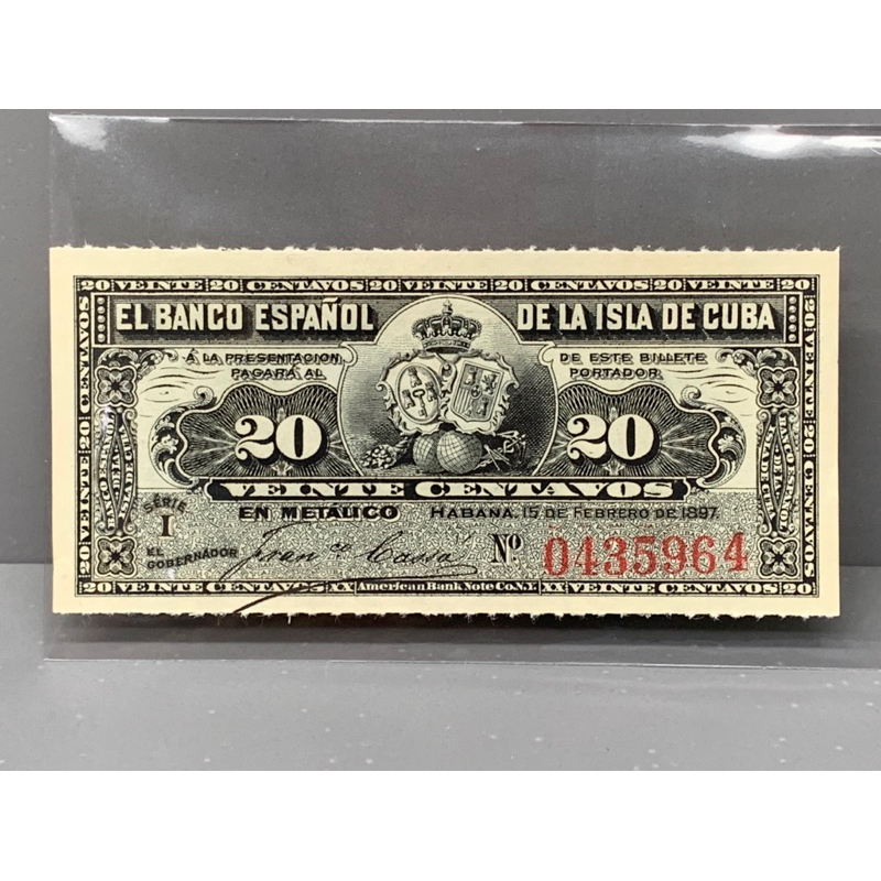 ธนบัตรรุ่นเก่าของประเทศคิวบา-ชนิด-20peso-ปี1897-unc