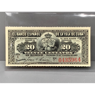 ธนบัตรรุ่นเก่าของประเทศคิวบา ชนิด 20Peso ปี1897 UNC