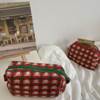 (พร้อมส่ง🌷) กระเป๋ามีซิป ลายสก๊อต Ins style knitting cosmetic bag