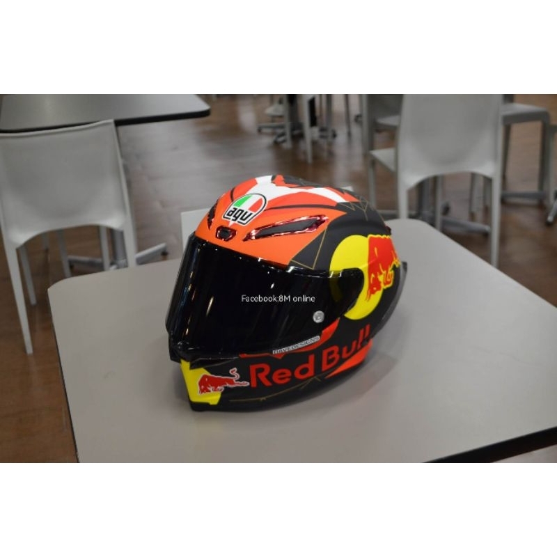 หมวกกันน็อคลายกระทิงแดง-red-bull-สีแดง-ทรงสปอร์ตสีส้มเต็มใบนักแข่ง-motogp