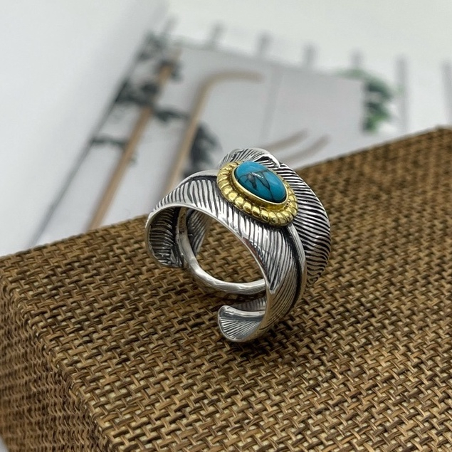 แหวนเงินแท้-925-ของ-seiko-เทอร์ควอยซ์ขนนกเปิดแหวนย้อนยุคแบบเก่า-unisex