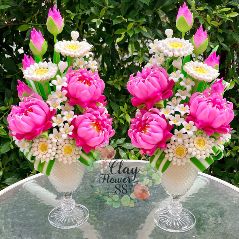 ชุดคู่-แจกัน-ดอกบัวประดิษฐ์-ดอกไม้ไหว้พระ-ดอกบัวปลอม-ดอกบัวไหว้พระ-ดอกไม้ดินปั้น-จาก-ดินไทย-15-นิ้ว