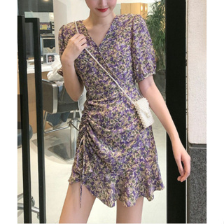 ชุดเดรสสั้นแขนสั้น ลายดอกไม้ เดรสคอวี สำหรับผู้หญิง Slim Floral Dress Fashion เดรสแฟชั่น 2021 (DRS-7921)