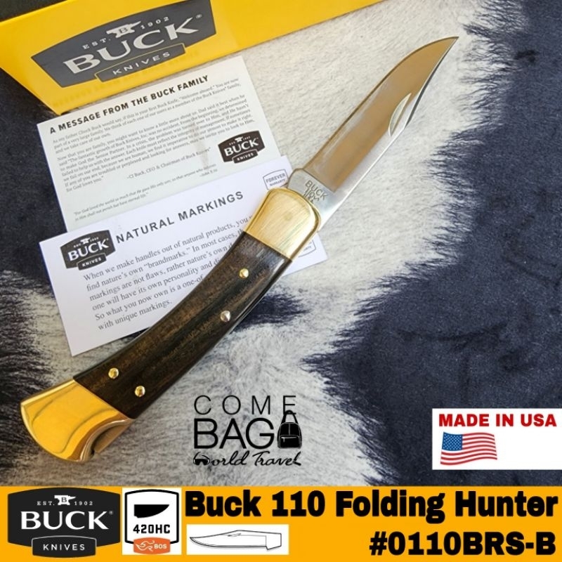 มีดพับ-buck110-folding-hunter-เป็นมีดคลาสสิก-มีดประกอบ-bolstersทองเหลืองพร้อมด้ามมีดไม้มะเกลือ-ของแท้ผลิตอเมริกา