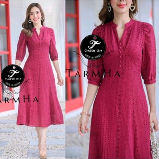 สีใหม่สวยขับผิว S-4XL Maxi Dress เดรสสีแดงแขนศอกผ้าฉลุลาย งานป้าย Tarm Ha