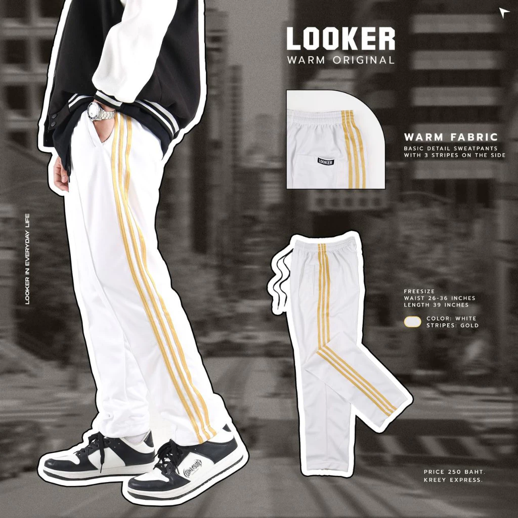 LOOKER - กางเกงขายาว กางเกงวอร์มขายาวรุ่นสามแถบ สีดำ สีขาว สีแดง สีเหลือง สีน้ำเงิน สีชมพู สีม่วง สีส้ม สีเขียวไมโล https://wayoza.com