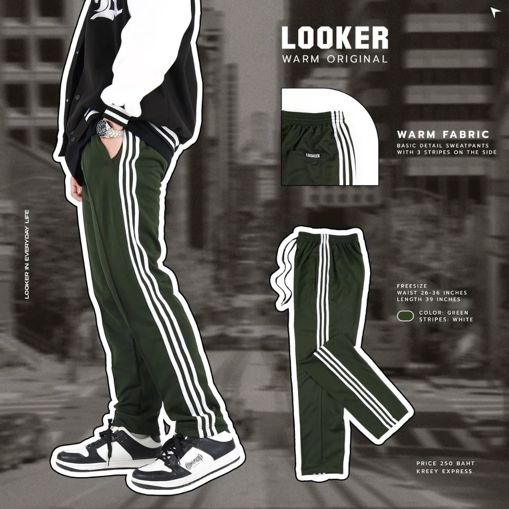 LOOKER - กางเกงขายาว กางเกงวอร์มขายาวรุ่นสามแถบ สีดำ สีขาว สีแดง สีเหลือง สีน้ำเงิน สีชมพู สีม่วง สีส้ม สีเขียวไมโล https://wayoza.com