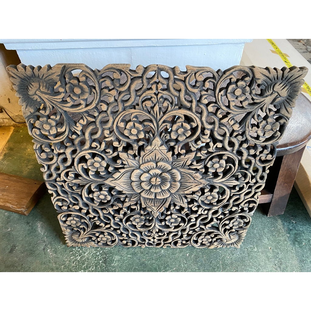 แผ่นไม้สัก-ไม้แกะสลักสวยๆ-ไม้แกะสลักมงคล-ไม้แกะสลักผนัง-แกะสลักไม้-mandala-carving-panel-45x45x1-5cm-ลายดอก-ไม้สักแผ่น