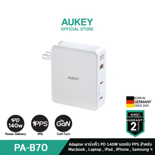 AUKEY PA-B7O หัวชาร์จเร็ว 140W Omnia II Mix 3 Port With GaN PD 3.1 Charger Power Tech หัวชาร์จเร็วสำหรับ Macbook Pro iPhone 15/14/13/12 Series,Android,Laptop เทคโนโลยี PD3.1 รุ่น PA-B7O