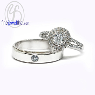Finejewelthai-แหวนคู่-แหวนเพชร-แหวนเงินแท้-เพชรสังเคราะห์-แหวนแต่งงาน-ชุบทองคำขาว-R1086-1210cz