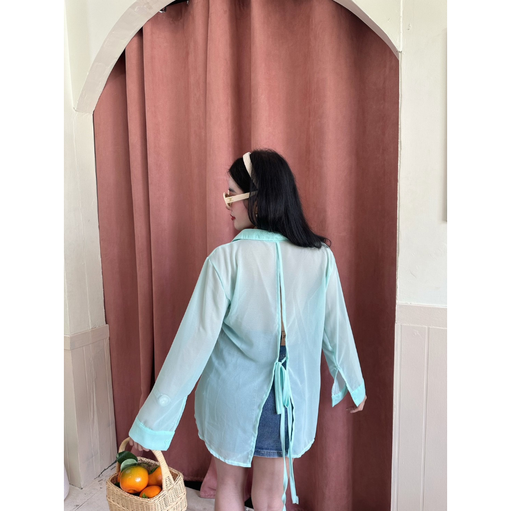 พร้อมส่ง-เสื้อเชิตชีฟองผูกโบว์ด้านหลัง-งานสวย-ใส่สบาย-k7693