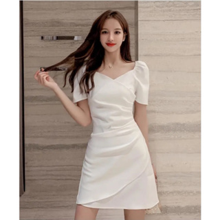 white dress เสื้อผ้าแฟชั่นผู้หญิง ออกงานสาวอวบ มินิ คอวี น่ารัก น่ารักสไตล์เกาหลี ชุดเดรสออกงาน เดรสสีขาว