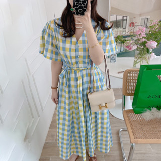 (พร้อมส่ง) Gingham vee dress 🛋️ C3358 เดรสลายทาง เดรสเที่ยวทะเล เดรสทำงาน เดรสน่ารักๆ