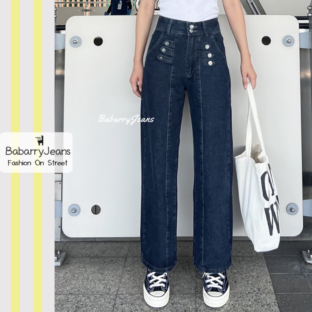 babarryjeans-กางเกงขายาว-ยีนส์ทรงกระบอก-เอวสูง-สีดำฟอก-ผญ
