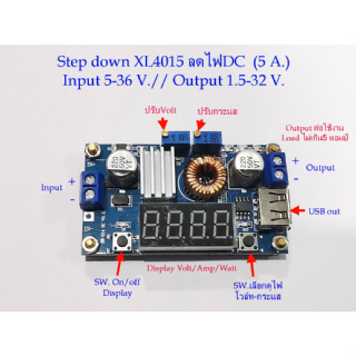 Stepdown XL4015 Moduleแปลงไฟ DC Input 5-36V / DC Output 1.5-32V กระแสออกไม่เกิน 5 Amp. USB Out พร้อมDisplay Voltmeter