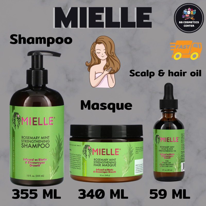 MIELLE Rosemary Mint Strengthening Shampoo 355ml, Masque 340ml, Scalp