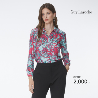 Guy Laroche เสื้อผู้หญิง เสื้อเชิ้ตผู้หญิง ผ้าจอร์เจียแขนสามส่วน ลายพิมพ์ Pinky Flamingo (GZ2LPI)