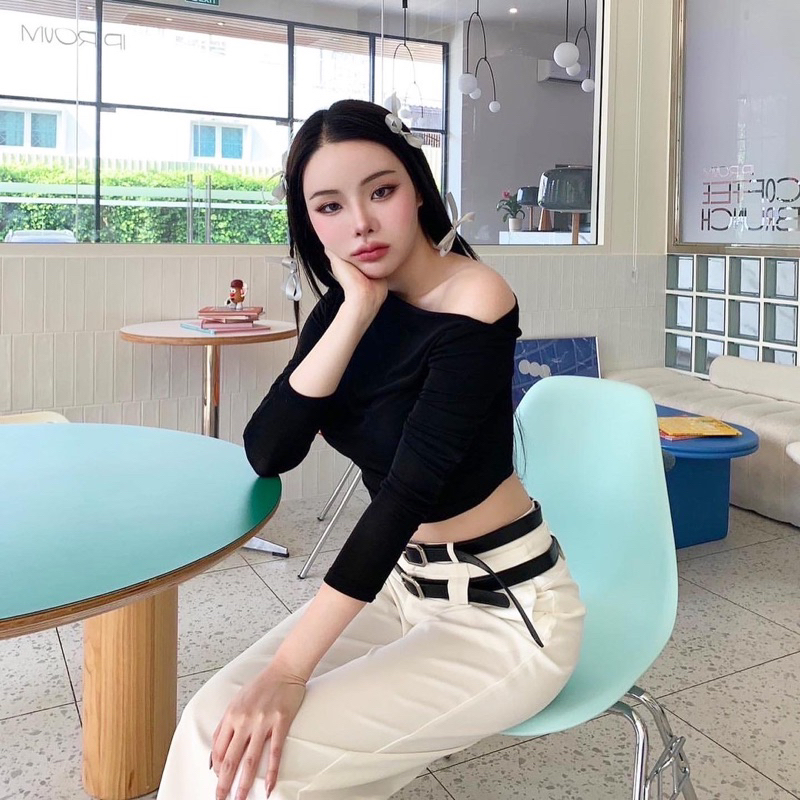 off-shoulder-top-320ฟรีส่ง-เสื้อแขนยาวปาดไหล่-โชว์ผิวสวยน่ารักสุดๆค่ะรุ่นนี้-เนื้อผ้าribร่อง-ยืดหยุ่น-ใส่สบาย-valen