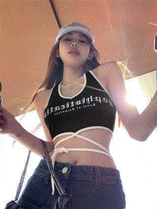 BRA CLUB เสื้อกล้าม ครอปสายเดี่ยวY2K เสื้อกล้าม แซ่บๆ ครอปเซ็กซี่ ฟองน้ำถอดออกไม่ได้