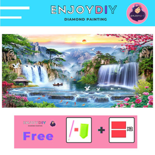 ครอสติสคริสตัล 5d diy diamond painting แบบเม็ด ลาย วิวน้ำตก 3 ติดเต็ม เม็ดกลม EnjoyDIY พร้อมส่งจากไทย