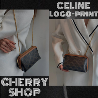 ถูกที่สุด ของแท้ 100%/Celine Logo-print lambskin chain pouch /กระเป๋าสะพายไหล่/กระเป๋าเปลือกหอย