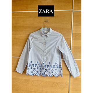 🍍 ZARA Kids x cotton shirt สัฟ้าลายทางแขนยาว ปักฉลุ