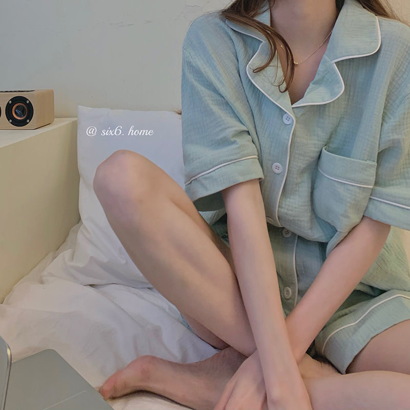 สไตล์ใหม่ผู้หญิงชุดนอนเรียบง่ายฤดูร้อนแขนสั้นกางเกงขาสั้นเวอร์ชั่นเกาหลีชุดบริการที่บ้านบางส่วน
