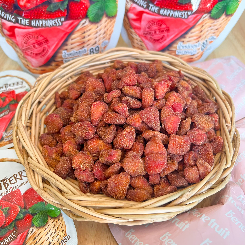 benefruit-สตอเบอรี่อบแห้ง-ผลไม้อบแห้งเกรดส่งออก-สูตรน้ำตาลต่ำ-dried-strawberry-low-sugar-ขนาด-89g